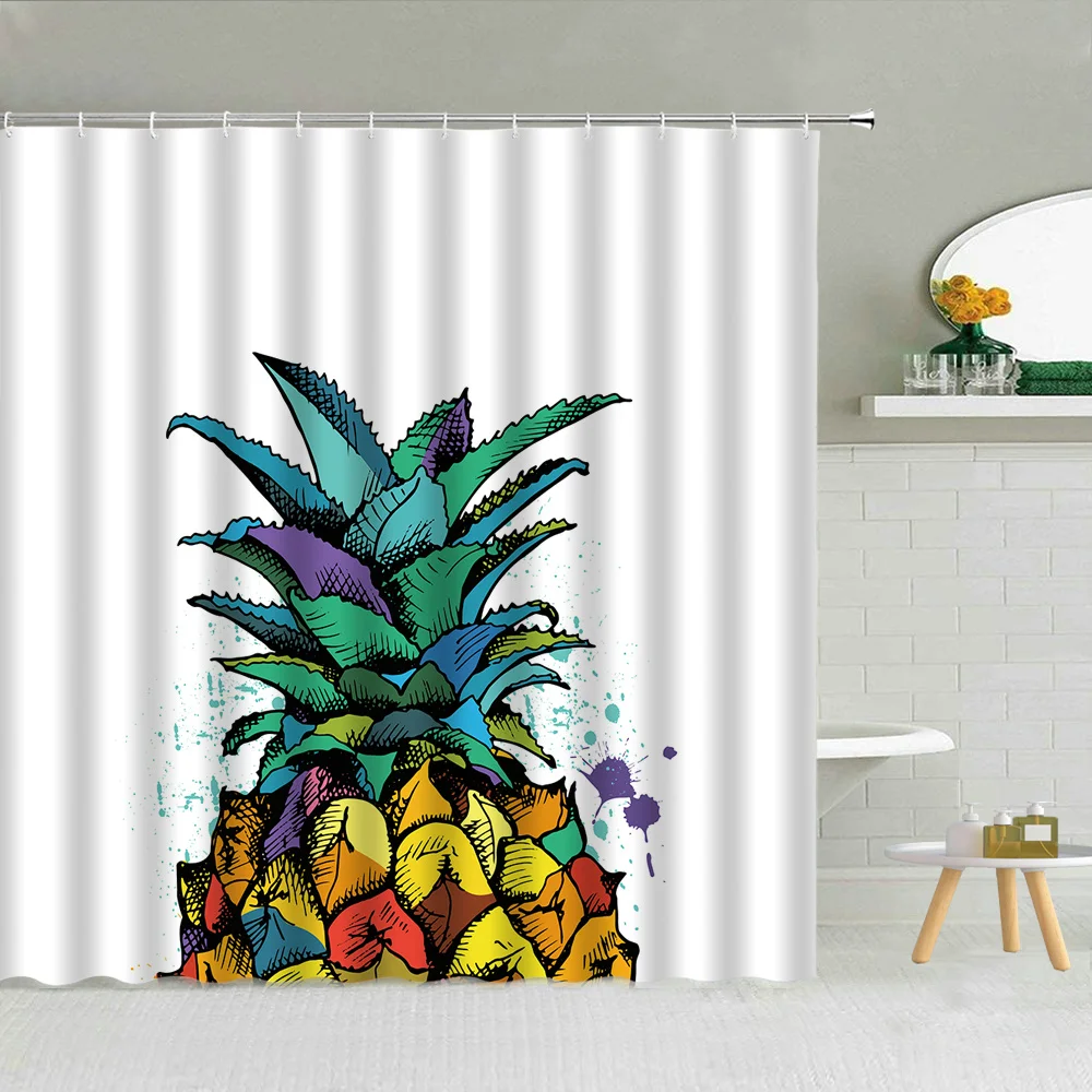 

Colorful Pineapple Minimalist Shower Curtain Tropical Plant Fruit Pattern Bathroom Decor White Waterproof Fabric Curtains Set