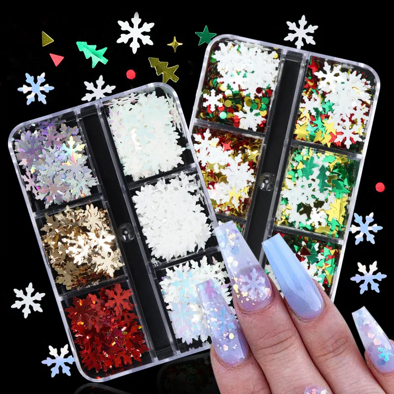 

6 Grids White Snowflake Nail Glitter Sequins Nail Art Holographic Snow Flakes Slices Winter Christmas Manicure Nails Decoration