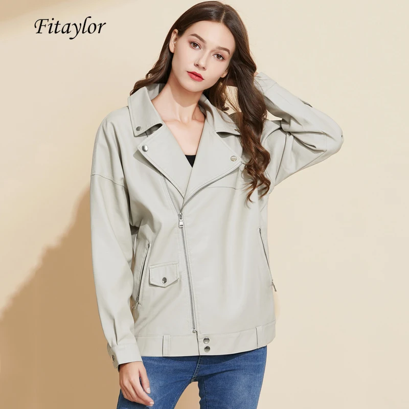 Куртка женская демисезонная из ПУ кожи с отложным воротником на молнии | Женская