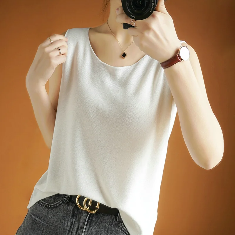 

Летний вязаный льняной жилет на бретелях для женщин, костюм для прикрытия живота и свободная льняная футболка без рукавов