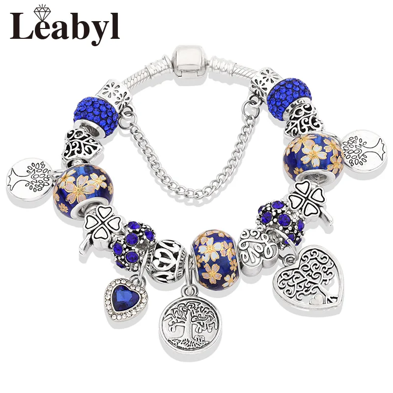 L80827 Dark Blue Stering 925 серебряных Древо жизни Мода шарик кастрюле браслет Зеленый Кристалл Цветочный листьев прелести кнопки и браслет pulsera - Окраска металла: L80827 Dark Blue