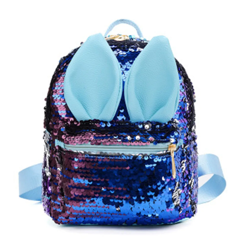 Women Girl Sequins Backpack Zipper Rabbit Ear Large Capacity for Travel Beach -MX8
