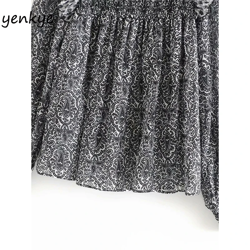 

Vintage Print Women Blouse Long Sleeve Stand Collar Ruffle Casual Streetwear Chiffon Tops AAZZ9663