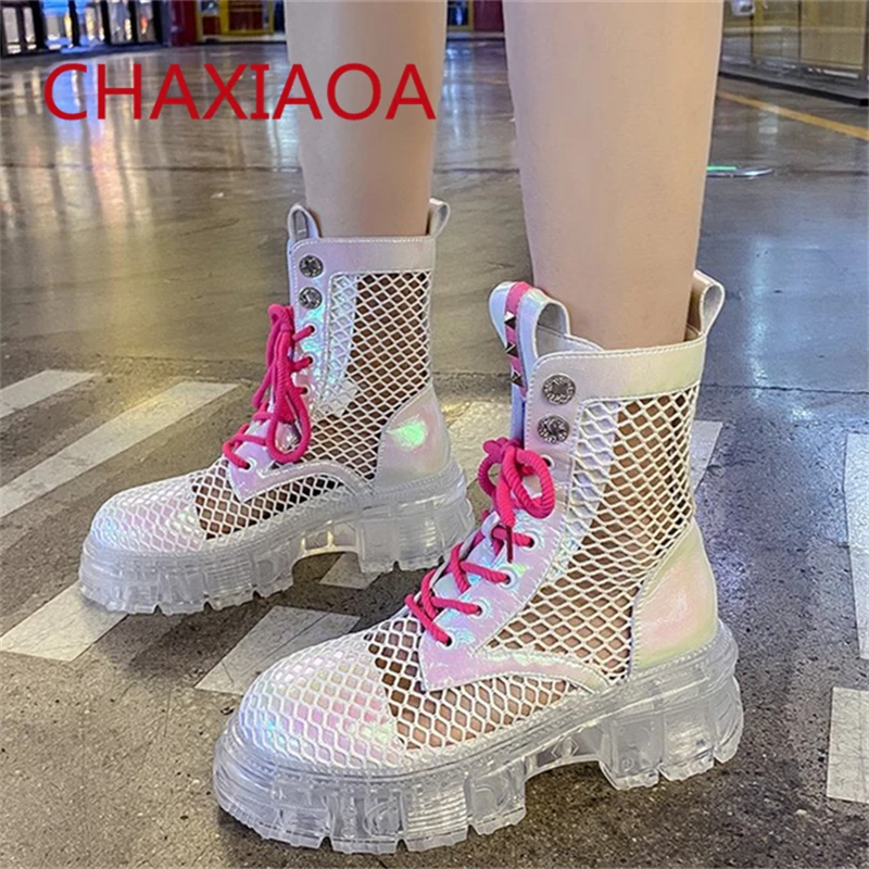 

2021 Runway Fashion Women Ankle Boots Mesh Breathable Clear Heels Jelly Shoes for Women Flat Round Toe Lace Up Laser Martin Boot