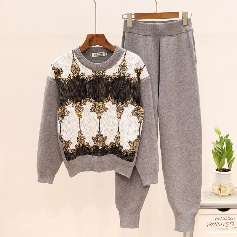 Осень весна вязание комплект из двух частей дамы наряды Винтаж блестками вышивка