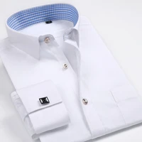 spring fall french shirt mens pure white folded sleeve shirt business wedding formal slim fit cufflink white shirt