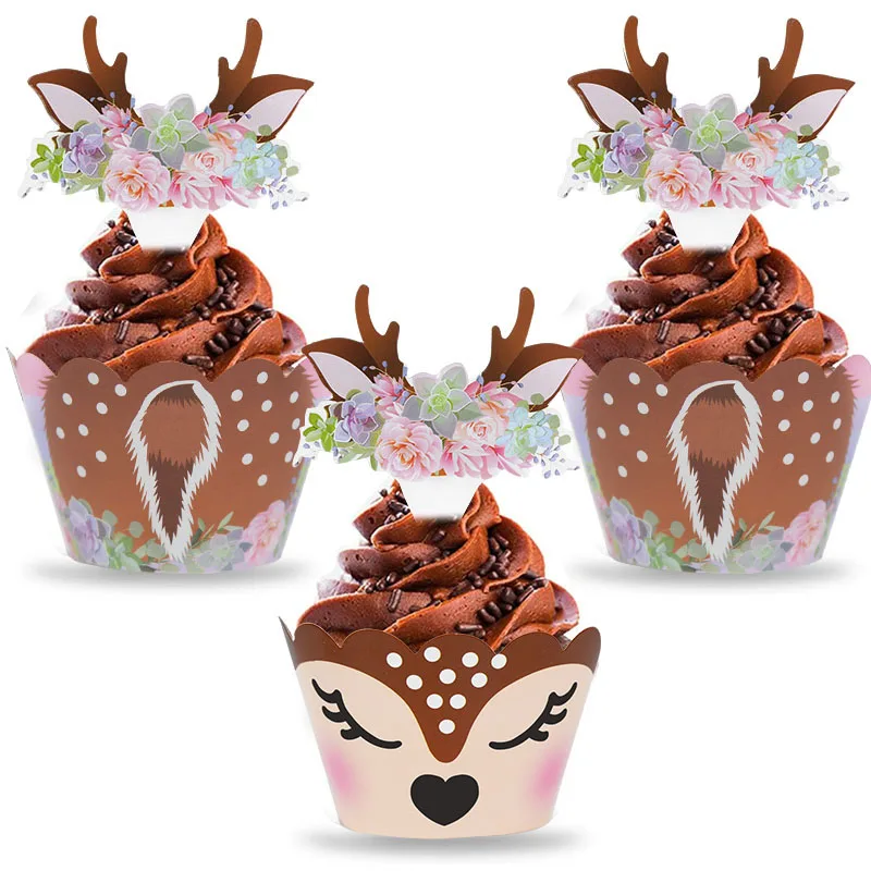 

24/48pcs Christmas Elk Cupcake Wrapper Xmas New Year Sika Deer Paper Cake Topper Baking Dessert Decoration Birthday Party Supply