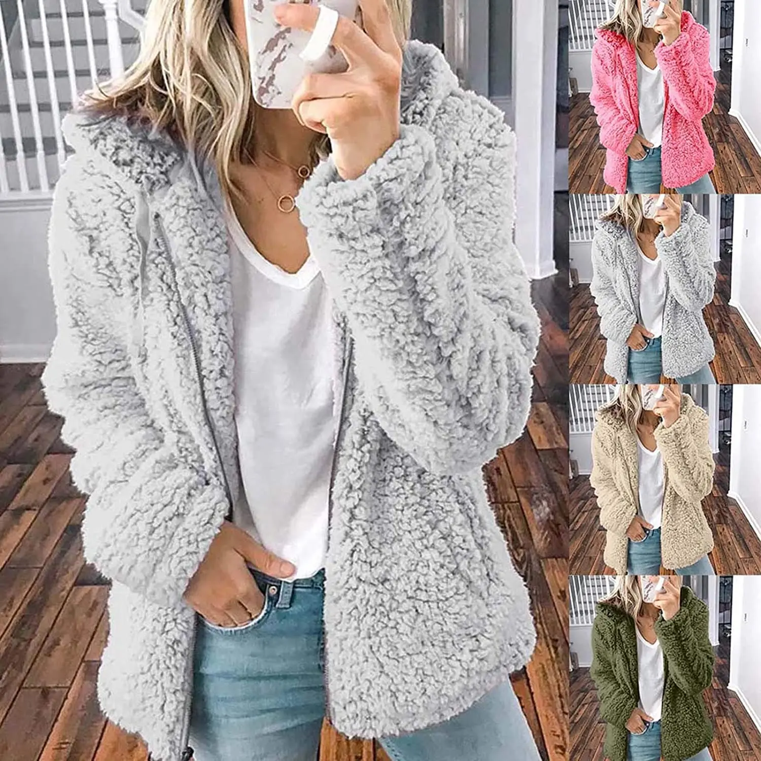 

Women Casual Sherpa Fleece Jacket Hoodies Winter Warm Fluffy Coat Faux Full Zip Fuzzy Long Sleeve Sweatshirt Outwear