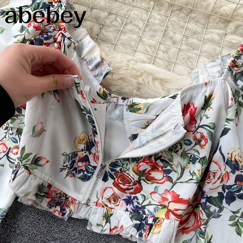

Women Retro Print Blouse Korean Sweet Puff Sleeve V Neck Slim Short Tops Spring Fashion Streetwear Chiffon Blou