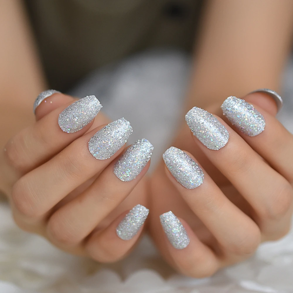 Накладные ногти Holo Bling с серебряным блеском предварительно разработанные