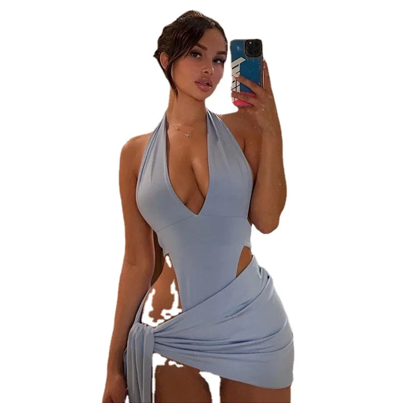 

Summer Women's Dress Suit 2021 Sexy Deep V Neck Backless Halter Top Hollow Out Jumpsuit Bandage Buttocks Two Piece Set Fashion