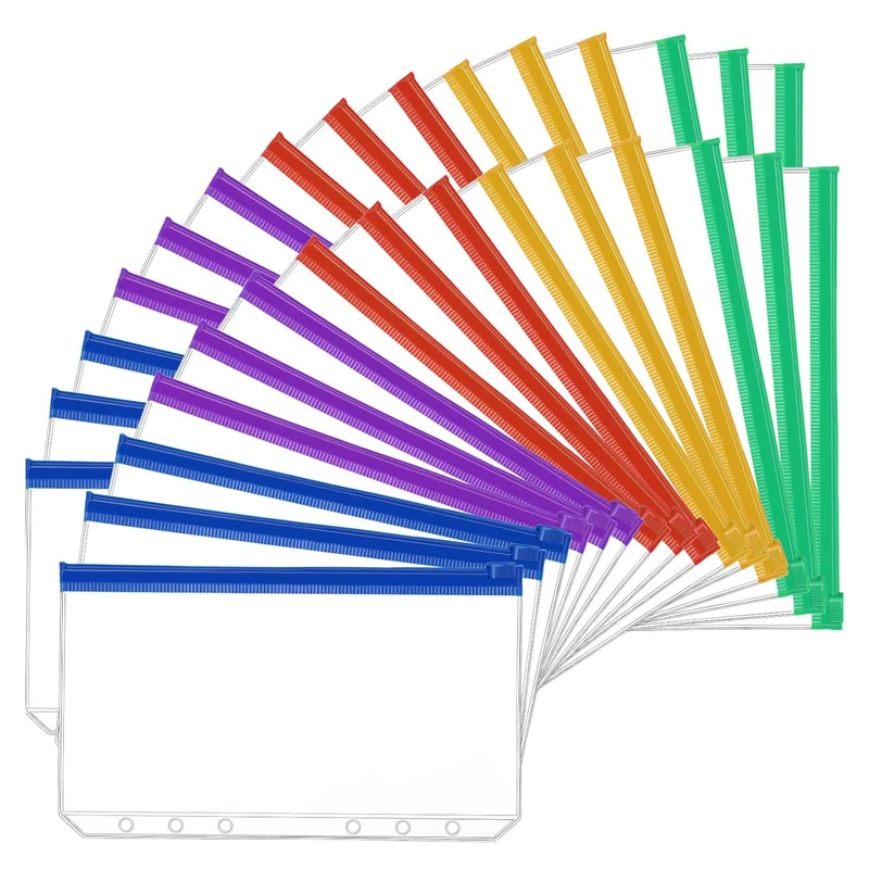 

30Pcs A6 Size 6 Holes Binder Pockets Plastic Colorful Binder Zipper Folders for 6-Ring Notebook Binder Loose Leaf Bags