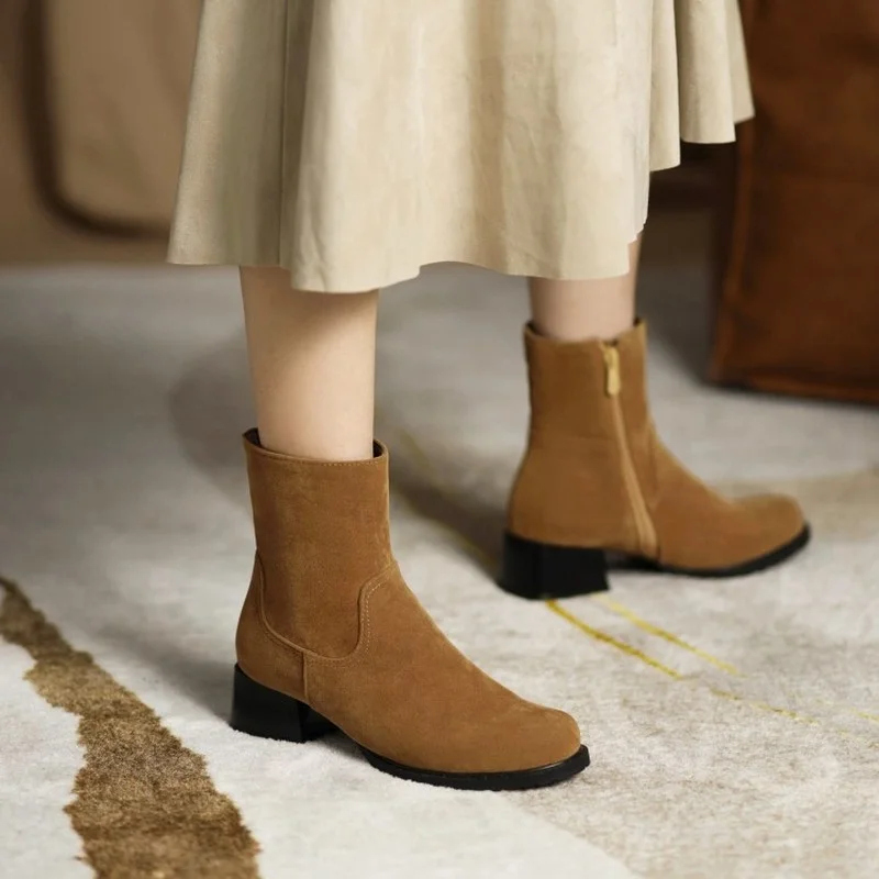 FXYCMMCQ Autumn and Winter New Style Foreign Trade Round Toe Mid-heel Short Tube Women's Boots L-06