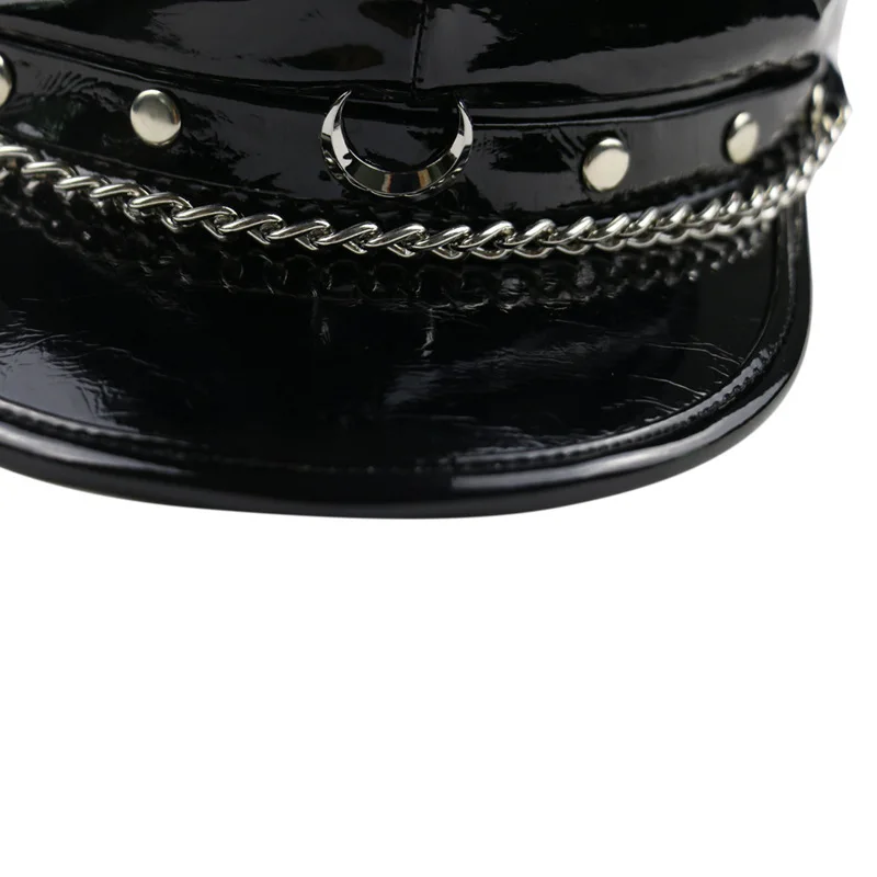 

Batcave Synthetic Leather Bright Stud Chain Octagonal Cap Military Navy Beret Hat Punk Death Rock Bondage Stage Show