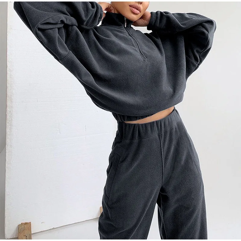 

Женский спортивный костюм с высоким воротником, облегающий Однотонный пуловер на молнии с воротником и брюки, комплект из двух предметов, м...