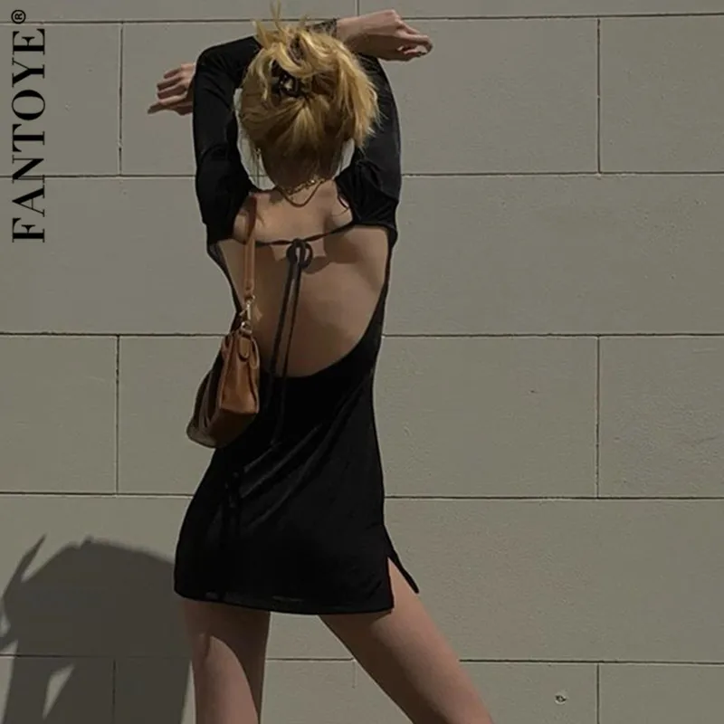 Женское платье с длинным рукавом FANTOYE обтягивающее мини-платье круглым вырезом и