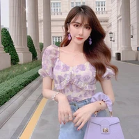 2021 summer vintage floral print chiffon short sleeve blouses women casual puff sleeve square collar purple shirts crop top y581