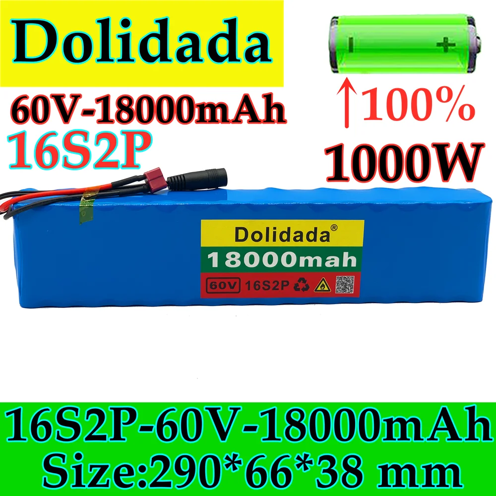 

2021 new 60V 16s2p 18ah 18650 Li ion battery pack 67.2v 18000mah eBike electric bicycle scooter with BMS 1000W BMS plug