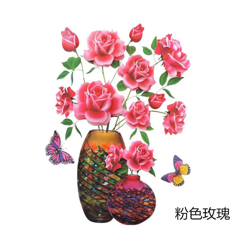 

3D simulation rose flower sticker stereo simulation vase wall sticker home background decoration waterproof self-adhesive