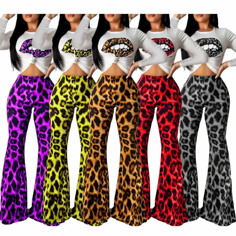Новые модные женские топы с коротким рукавом Длинные леопардовые брюки вырезом
