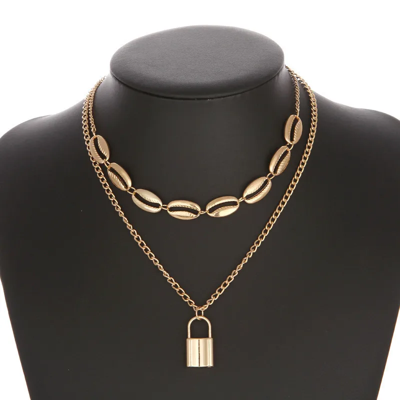 New Double Chain Lock Necklace Women Men Punk Rock Circle Pendant Shell Vintage Emo Grunge Goth Jewelry Gift | Украшения и