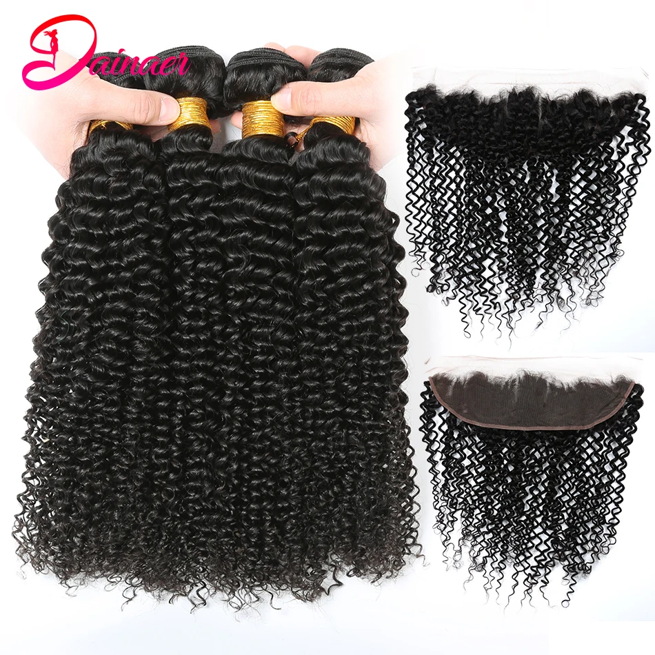 Indian Afro Kinky Curly Bundles With Closure 13x4 Lace Frontal With Bundles Human Hair Bundles With Frontal Closure Remy Hair