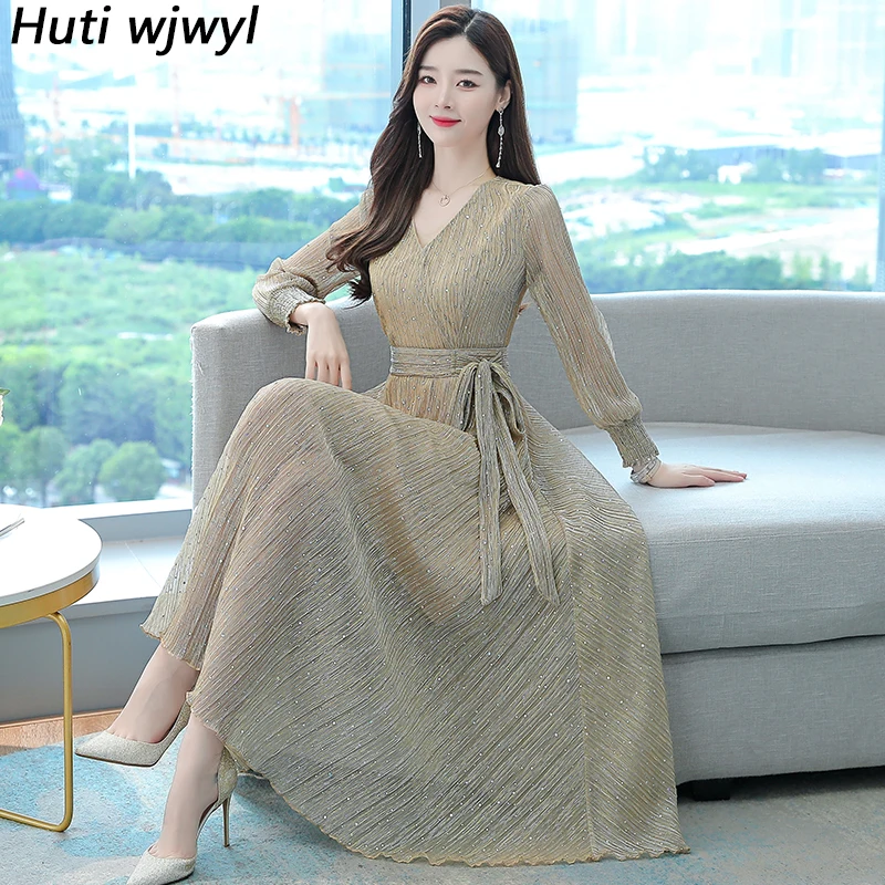 

2022 Fashion Chiffon Sequins Maxi Dress Autumn Winter Elegant Vintage Midi Dress Women Bodycon Casual Long Sleeve Praty Vestidos