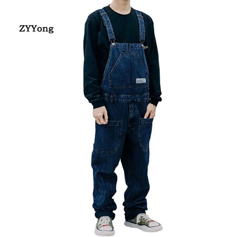 

Men Denim Jumpsuits Bib Overalls High Quality Straight Leisure Loose Jeans Hip Hop Streetwear Cargo Pants Cowboy Homme Trousers