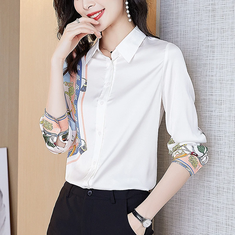 

Korean Fashion Silk Women Blouses Satin Office Lady Shirt and Blouse Loose Long Sleeve Blusas Largas Plus Size XXXL Womens Tops