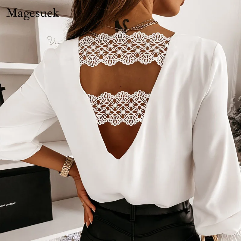 

Fashion Sexy V-neck Autumn and Winter Long-sleeved Shirt Chic Back V-shaped Hollow Lace Stitching Pullover White Blouse 12460