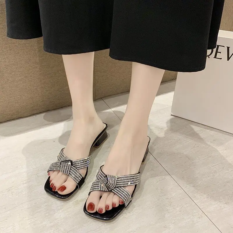 

Women Sandals Slippers 2021 Summer Casual Peep Toe Sandals Slipper Beach Shoes Square Heel Mid Heels Sandals Ladies Mules Shoes