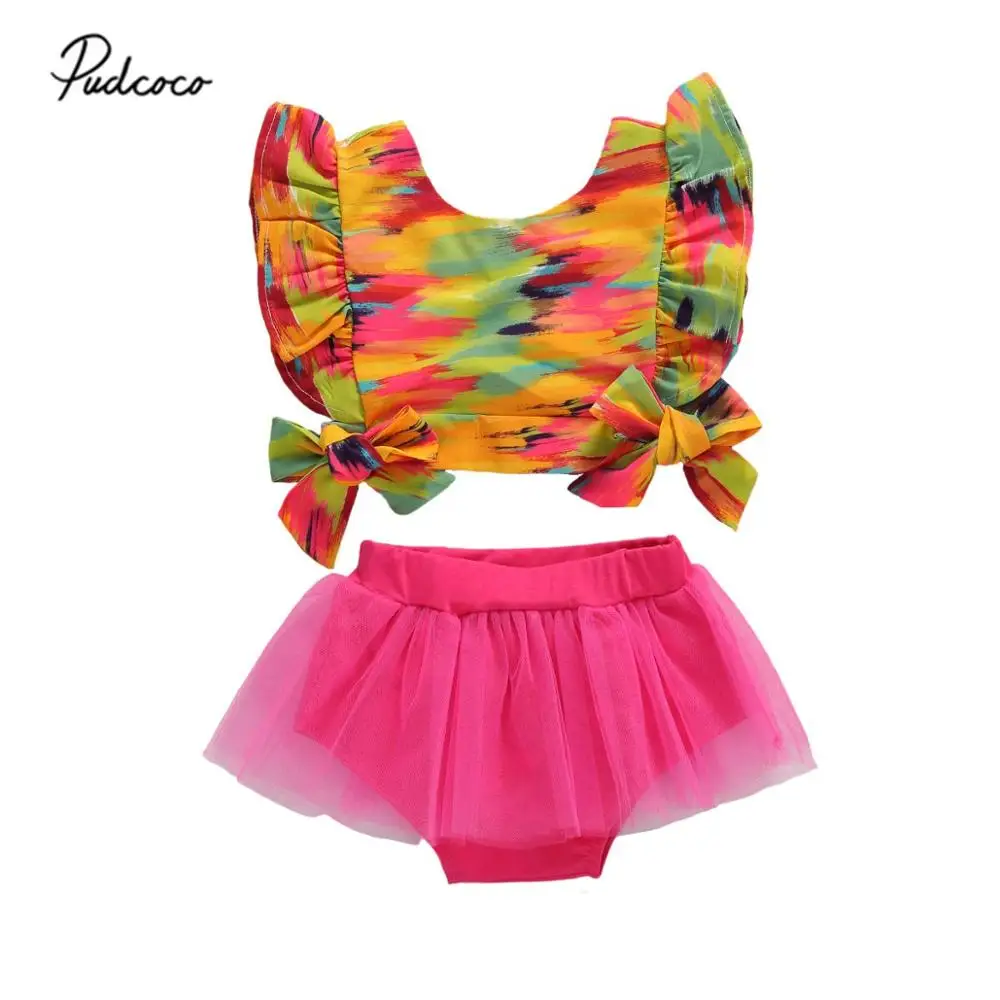 Комплекты модной летней одежды для маленьких девочек Яркий укороченный топ с