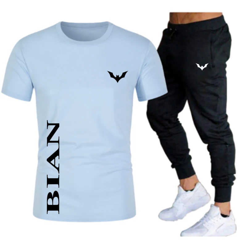 

Summer Cotton men's sets Funny Casual Short-Sleeved Solid Color Unisex Round Neck suit t-shirt Sports Top +Shorts 2 Piece Set