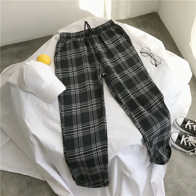 Женские клетчатые брюки размера плюс 5XL, корейский стиль, на завязках, уличная одежда, повседневные бегуны, осень-весна, женские брюки