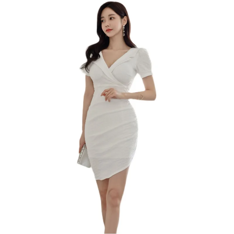 

COIGARSAM Sexy Women dress New Summer Fashion V-Neck Dresses White 2276