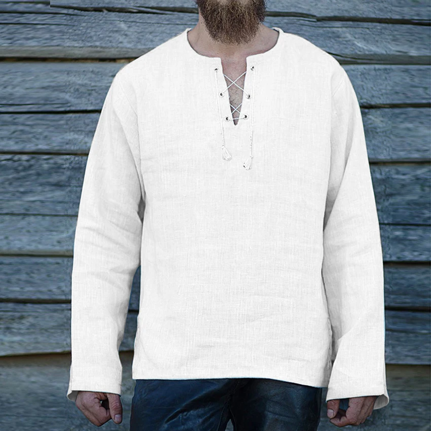 White Men Viking Pirate Full Sleeve T-shirt Medieval Cosplay Costumes Bandage V-neck Linen Breathable Ranger Knight Retro Clothing - Цвет: White