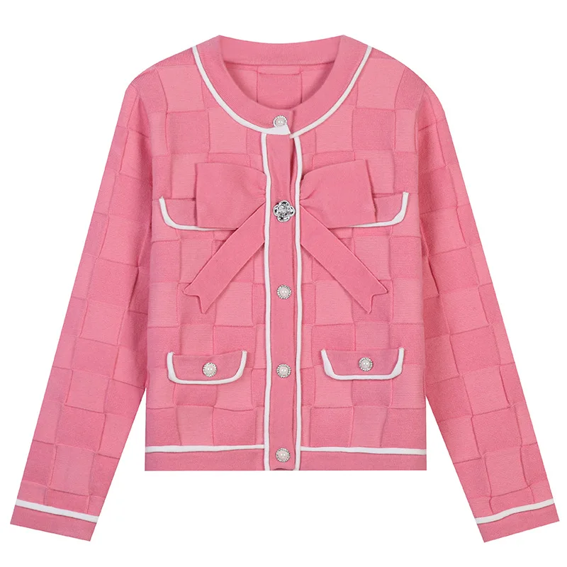 

Fashion Fall Winter 2021 New Bow Cropped Cardigan Women O-Neck Long Sleeve Slim Knitting Sweater Women Cardigan