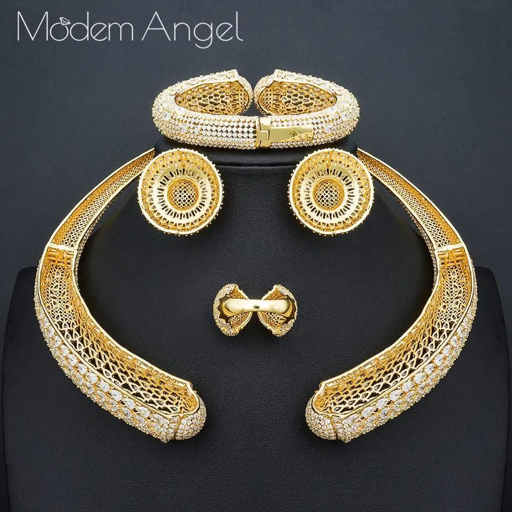 ModemAngel известный бренд диск Роскошные нигерийские Свадебные невесты кубического циркония ожерелье Дубай 4 шт. комплект ювелирных изделий
