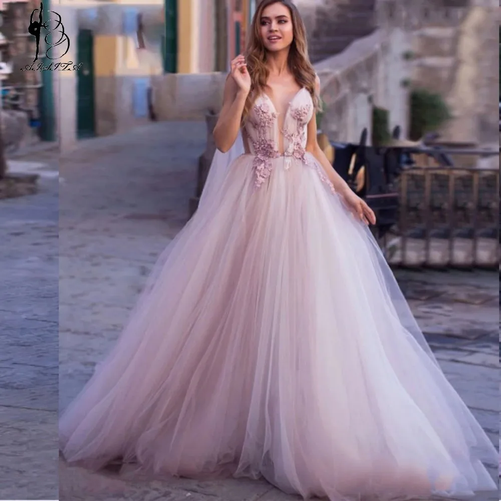 

Elegant V-Neck Bohemian Wedding Dress A-Line Light Purple Deep Backless 3D Appliques Fluffy Tulle Ball Gowns Robe Mariage