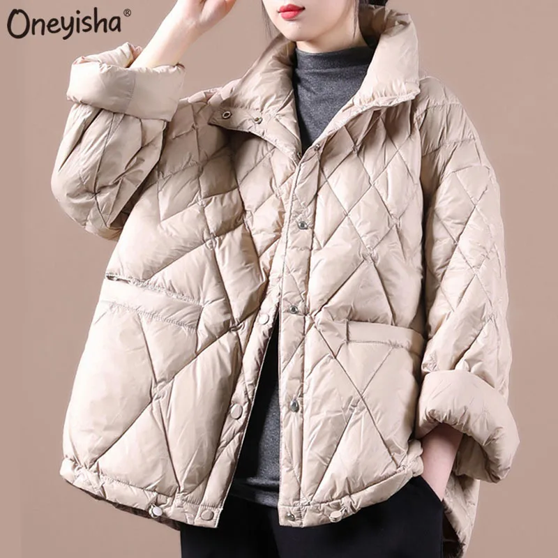 

Oneyisha Stand Up Collar Woman Warm Winter Jackets Ultra Light Down Jacket Female 2021 Loose Short 90% Duck Down Coat Ladies