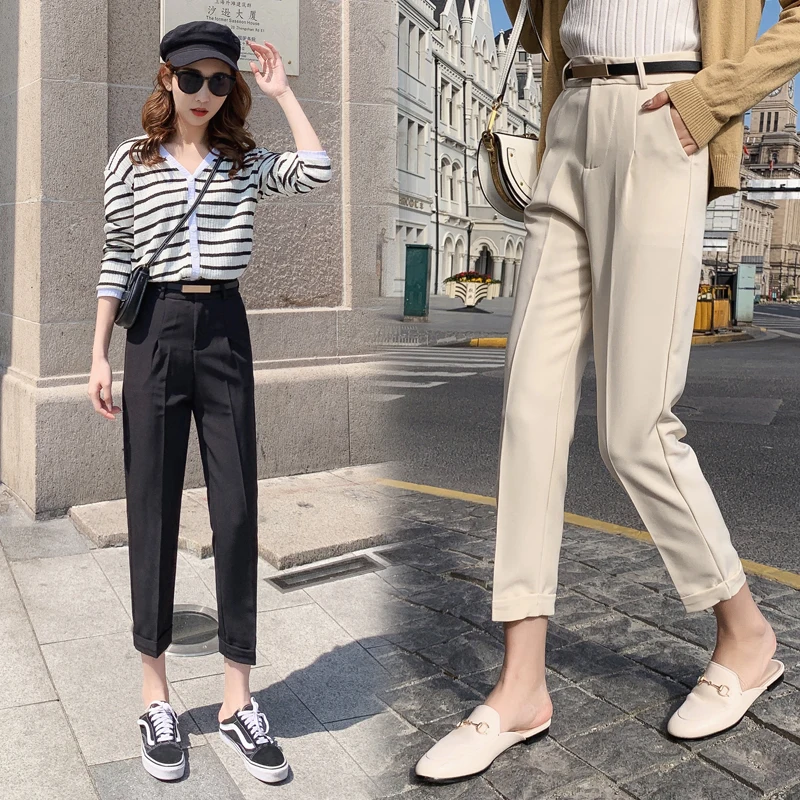 Женские повседневные брюки карандаш REALEFT бежевые с высокой талией и поясом