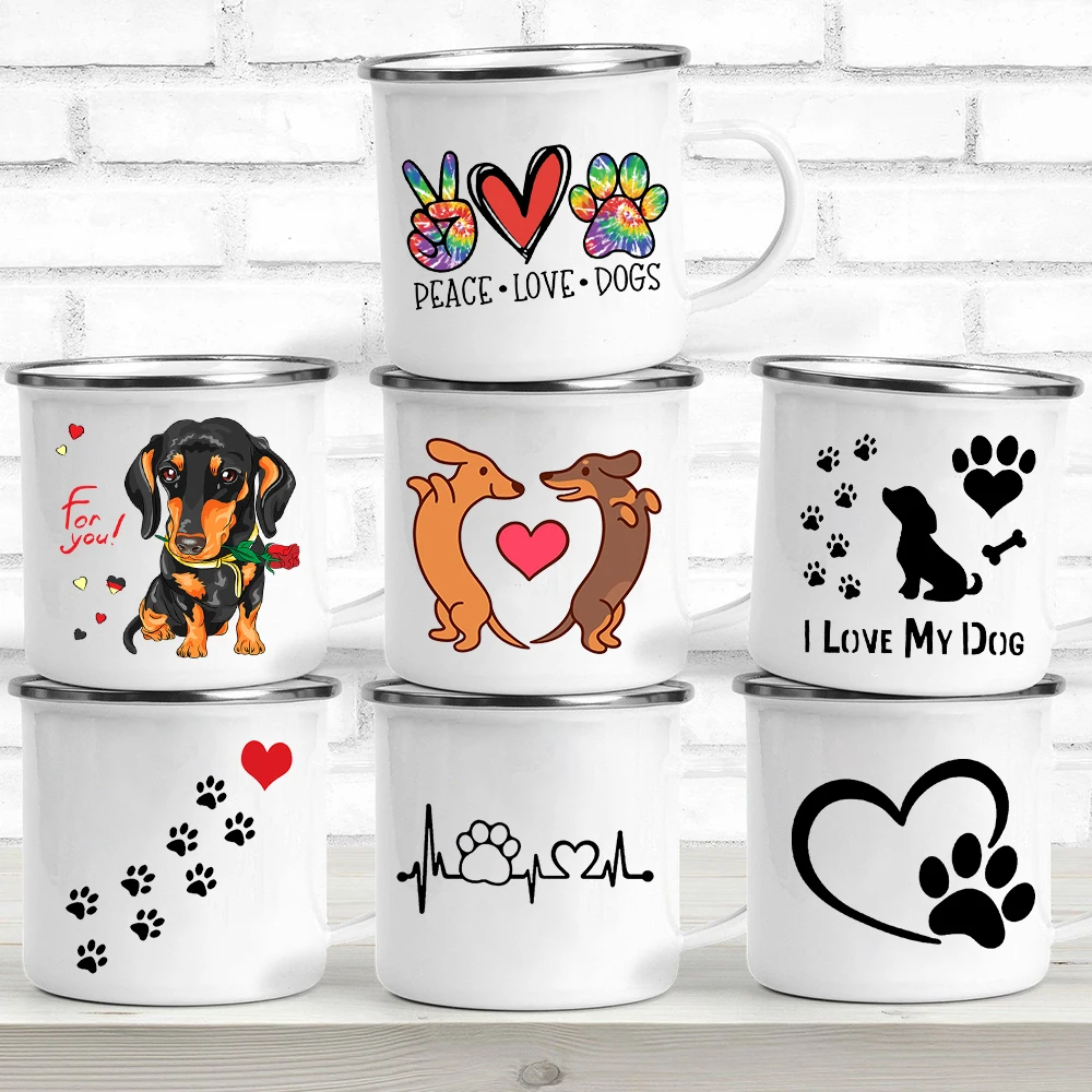 

Креативные эмалированные кофейные кружки с принтом Peace Love Dogs, Мультяшные чашки Dachshunds с изображением собачьей лапы, праздвечерние чашки для ...