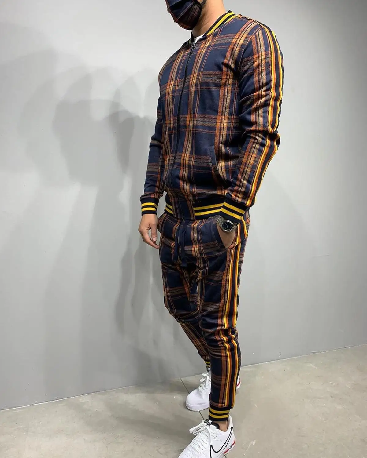 

Men's Casual Sport Suit Autumn Zip-Up Coat Trousers 3D Printed Suits Outdoor Fashion Grid Tracksuit Streetwear Clothing