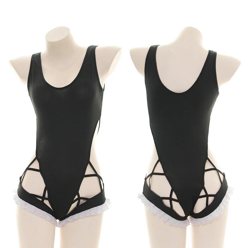 Черный косплей Сексуальная Лолита оборками выдалбливают Sukumizu комбинезоны