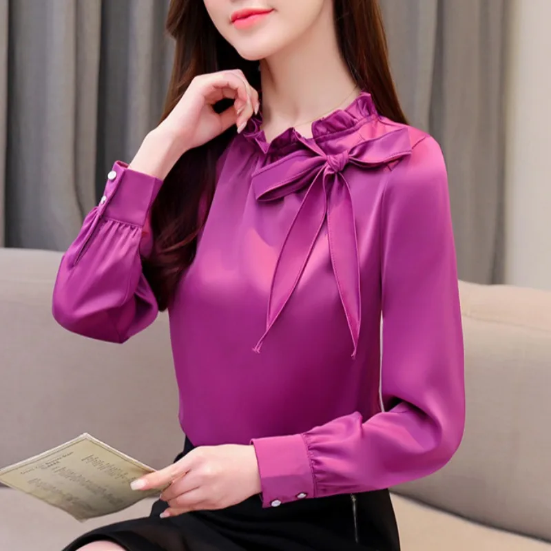 

Spring Autumn Women's Shirt Korean Solid Color Stand-up Collar Bowknot Long Sleeve Chiffon Blouse New Slim Commuter Tops GX532