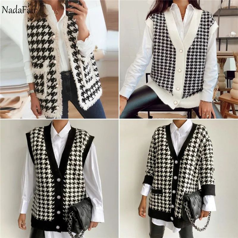 Nadafair Sleeveless Houndstooth Sweater Women 2020 Fall Pullover V Neck Casual Jumper Korean Loose Winter Knitted Vest | Женская одежда