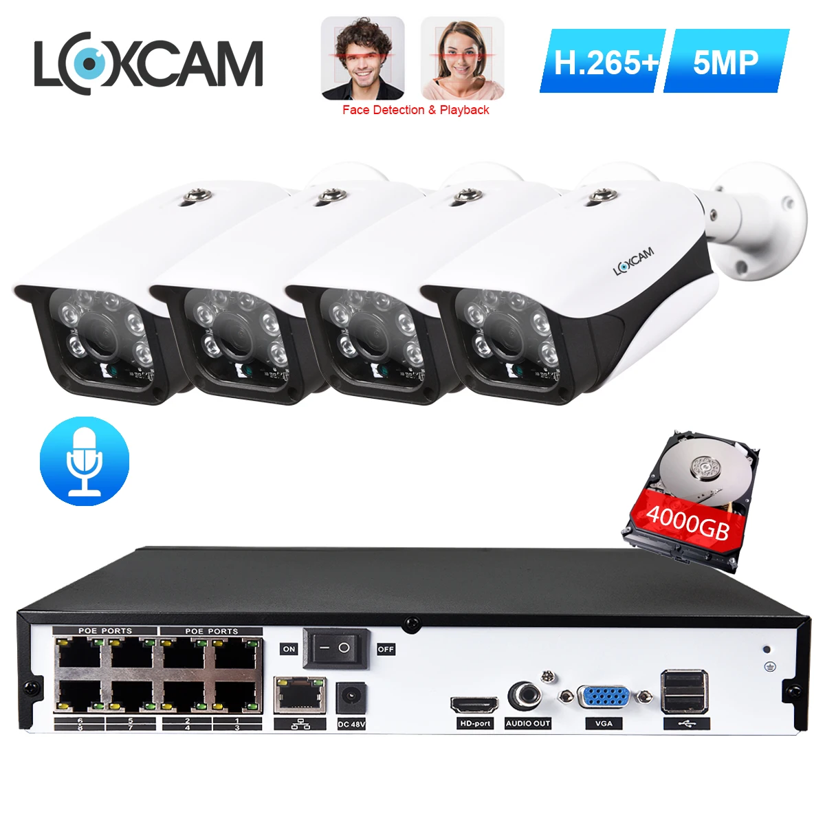 LOXCAM H.265 8CH POE NVR комплект 5MP 2592*1944P CCTV система аудио запись Водонепроницаемая камера