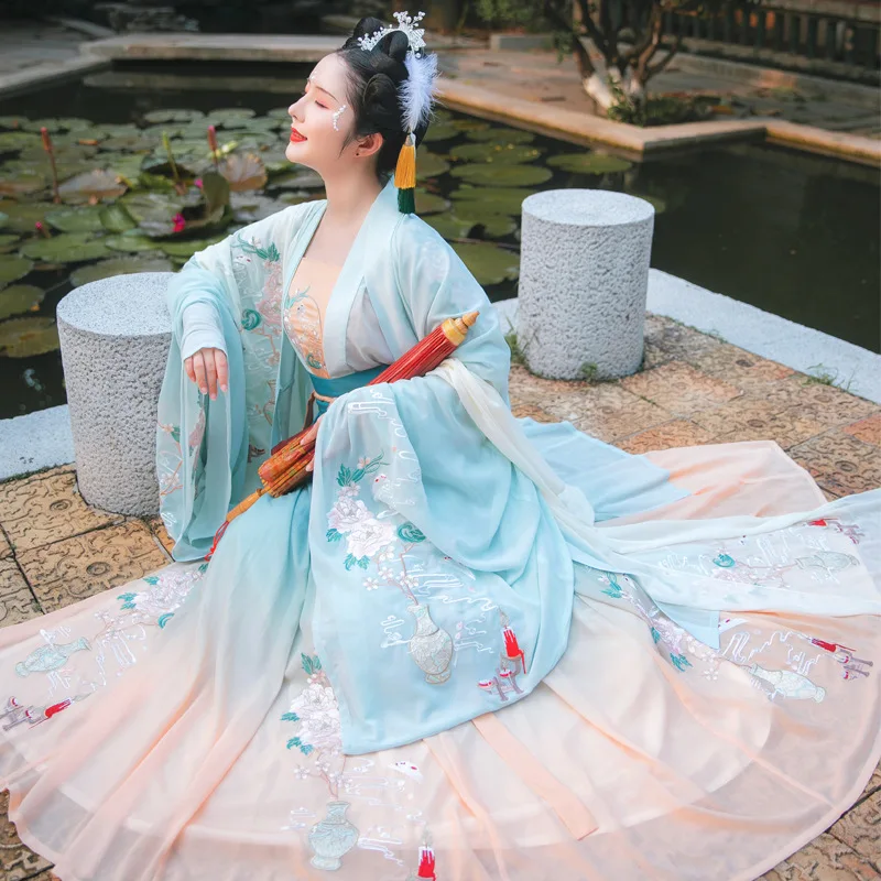 Hanfu Women's Large-sleeved Shirt Robe Gradient Color Stitching Waist Skirt Embroidery Chinese Fairy Dress Stage Set Costume