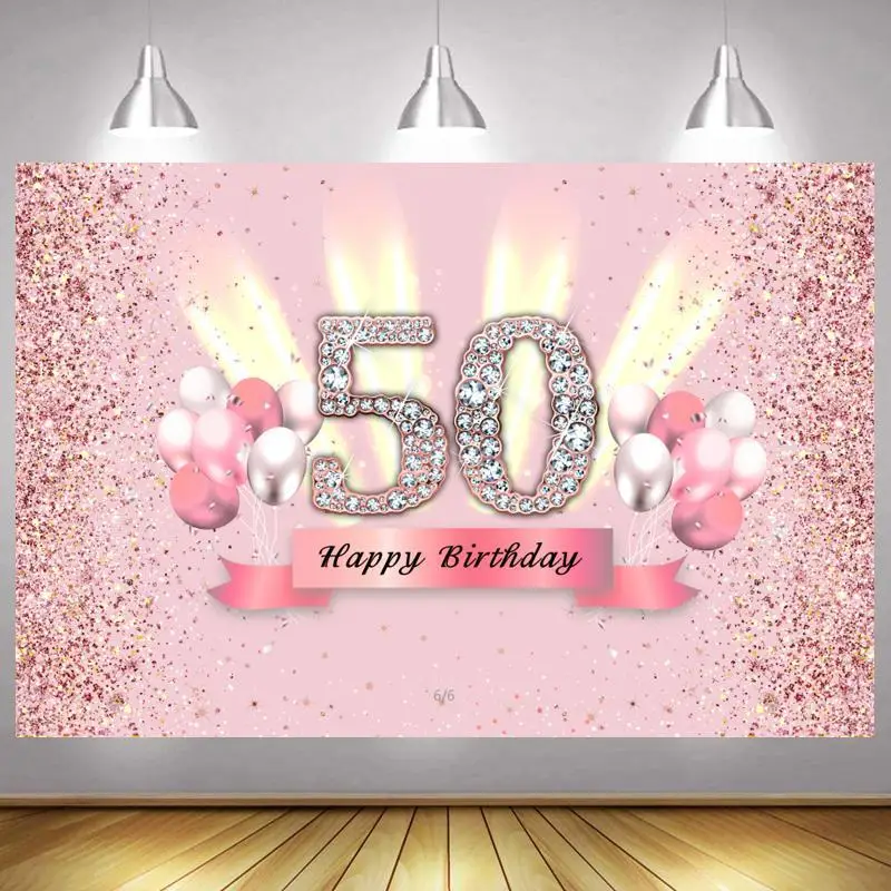 

Pink 50th Photo Backdrop Lady Happy Birthday Party Decoration Gold Light Balloon Diamond Photography Backgrounds Banner
