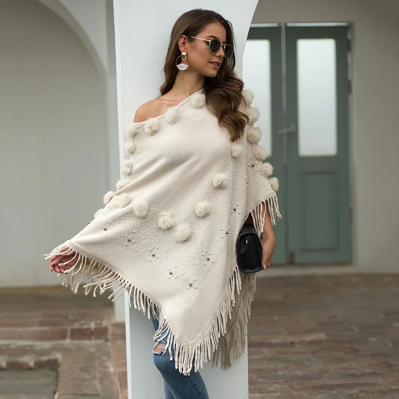 

Women's Knitted Sweater For Fall/Winter 2021 New Bohemian Shawl Fringed Cloak Hair Ball Beaded Round Neck Sweater Women